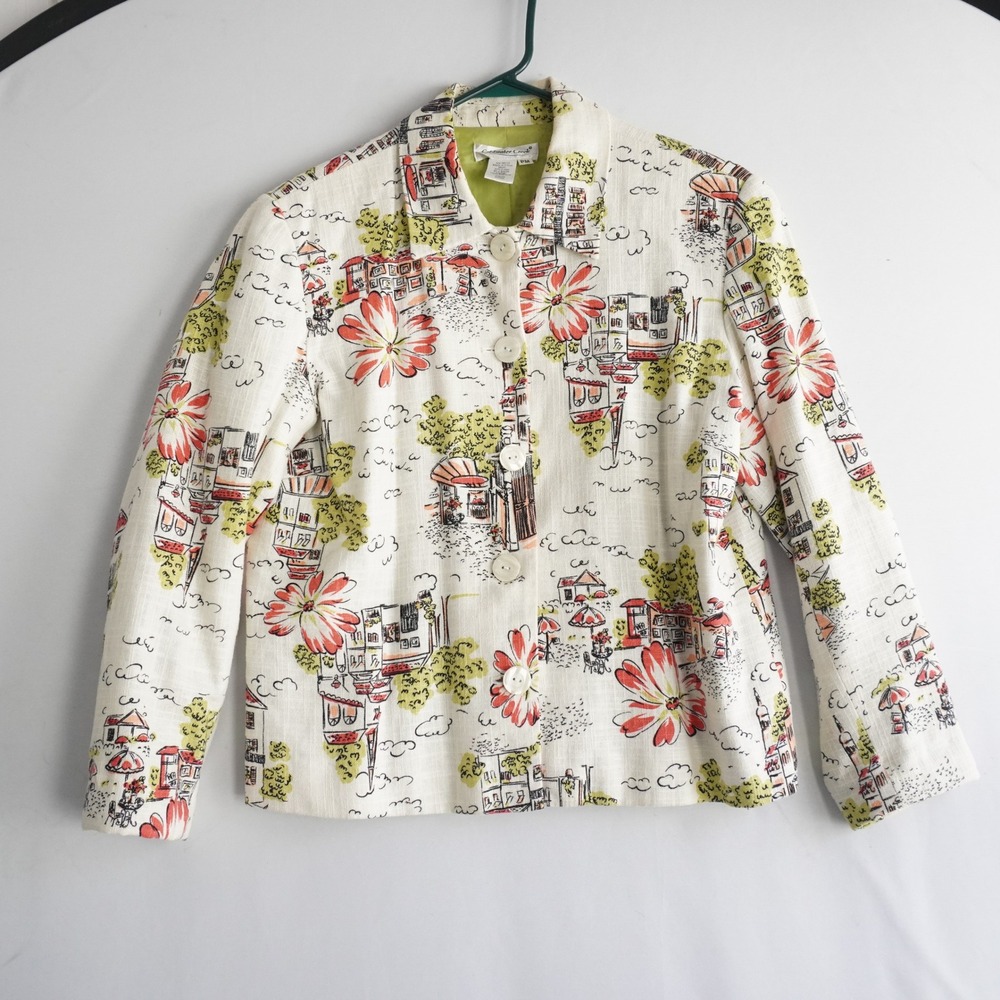 Coldwater Creek Linen Blend Blazer Jacket European Village Floral Print Women PM